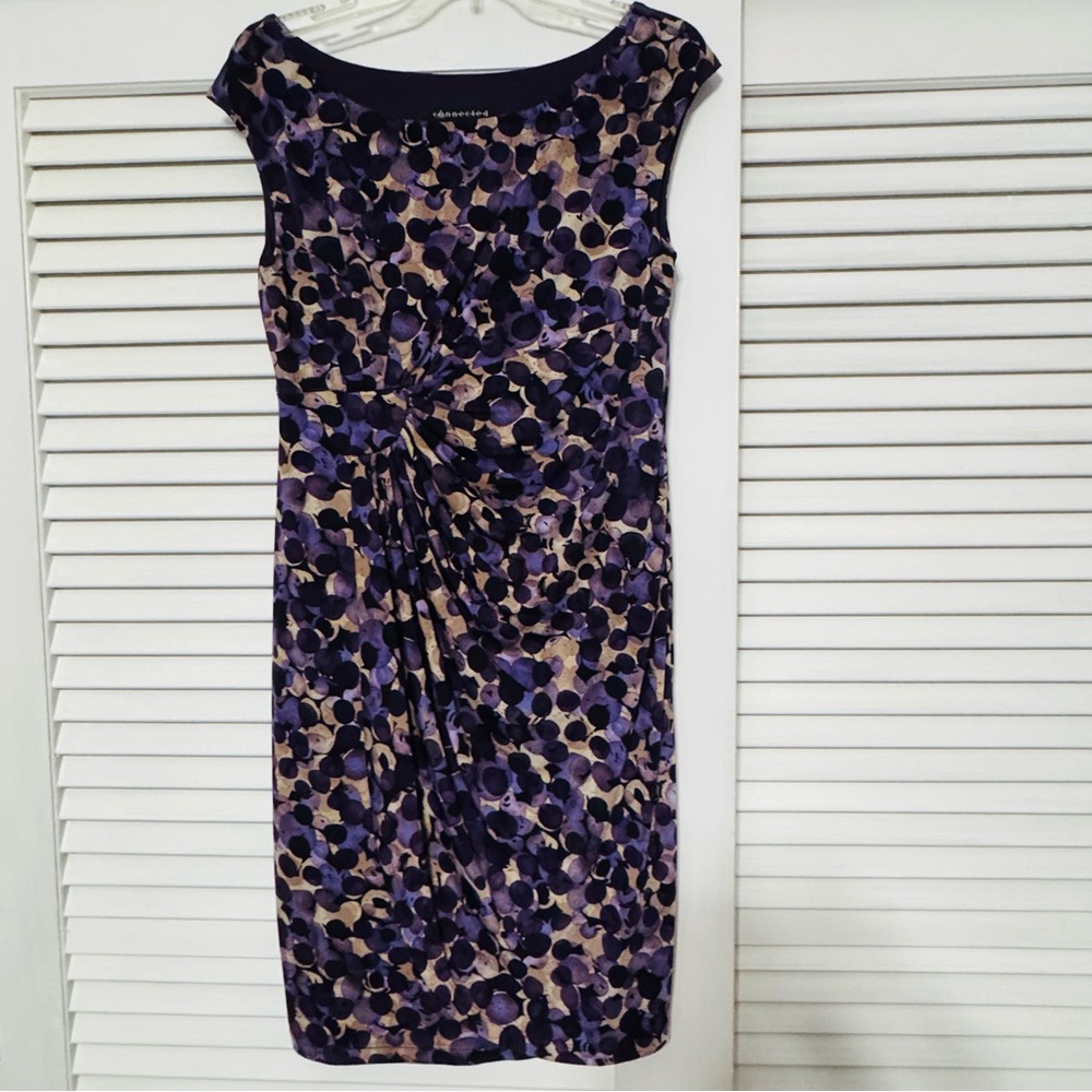 Connected Apparel Purple and Beige Midi Dress size 12P with faux wrap gathered